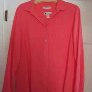 Malvin LARGE Linen Blouse Germany Coral Pink Embroidered Long Sleeve Womens